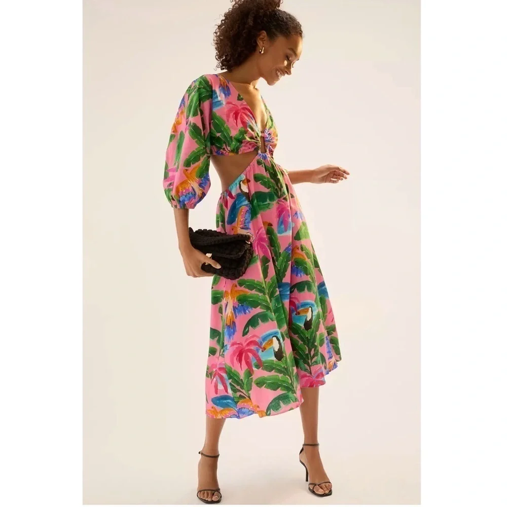 Anthropologie XL FARM RIO X ANTHROPOLOGIE PRINTED V-NECK CUTOUT DRESS - Picture 2 of 4